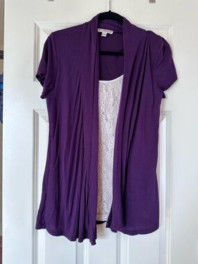 Agenda Purple Open-Front Cardigan with Built-In Lace Tank Sz L